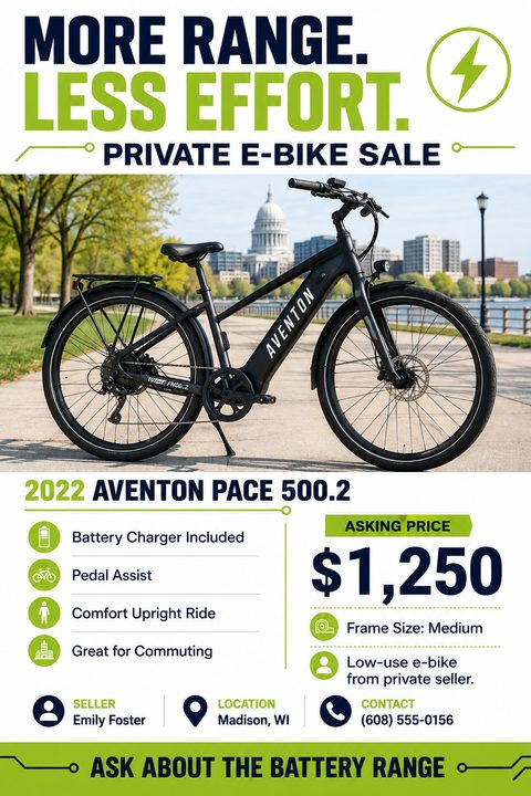 Flyer for a private e-bike sale featuring a large photo of a black electric bike parked on a path. Bold text reads 'More Range. Less Effort.' with a green lightning bolt icon. Details include specs, asking price, and seller contact info.