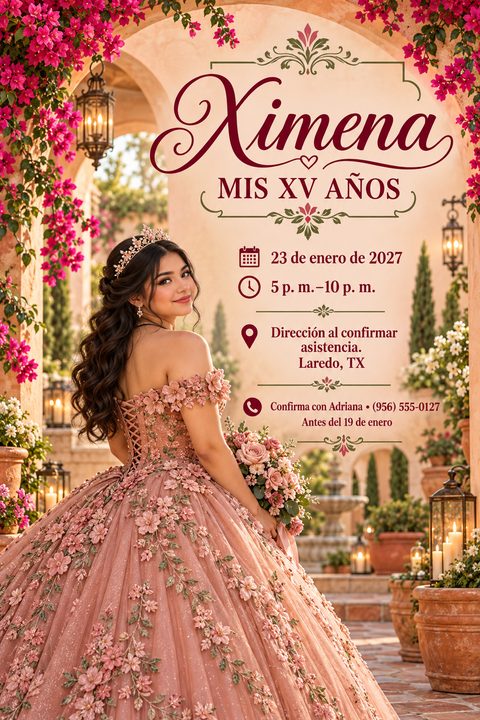 A Quinceañera invitation flyer featuring a young woman in a pink floral gown standing in a courtyard. Ornate burgundy text reads 'Ximena Mis XV Años' with event details and RSVP information below.