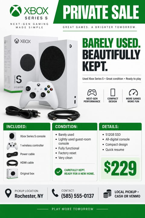 A flyer for a private sale of an Xbox Series S. The flyer has a green and white color scheme. It features a large image of the console, controller, and cables, along with sections detailing what's included, the condition, and the price of $229.