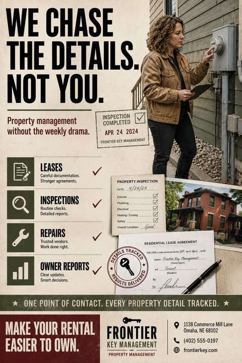 Property management flyer with a vintage design. Features a photo of a woman inspecting an electrical meter, a checklist of services like leases and repairs, and stamp graphics.