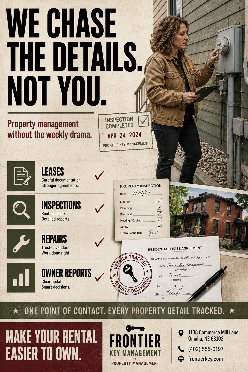 Property management flyer with a vintage design. Features a photo of a woman inspecting an electrical meter, a checklist of services like leases and repairs, and stamp graphics.