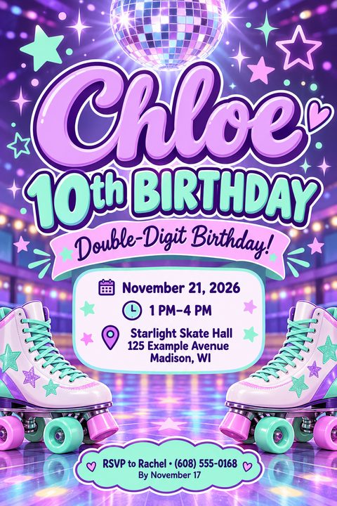 A vibrant purple and teal birthday party flyer featuring a disco ball at the top, large bubble text for the name and age, and two retro roller skates at the bottom on a shiny rink floor.