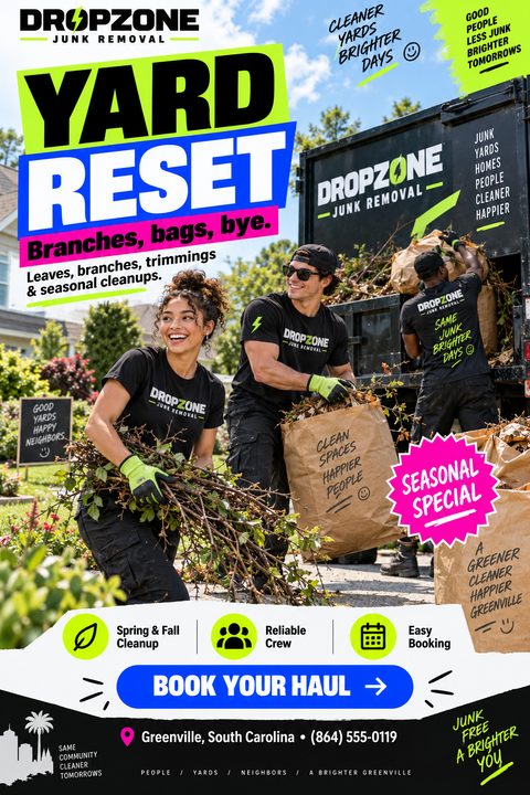 A bold flyer for junk removal services featuring a photo of three workers loading yard waste into a black truck. Bright neon green, blue, and pink text blocks highlight services.