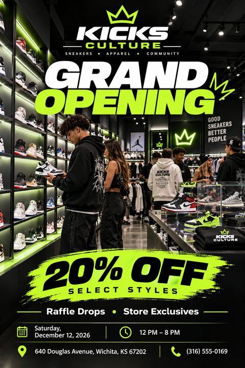 Grand opening flyer for a sneaker store featuring a background photo of customers browsing shoes on illuminated shelves. Bold white and neon green text announces 'Grand Opening' and '20% Off Select Styles'.