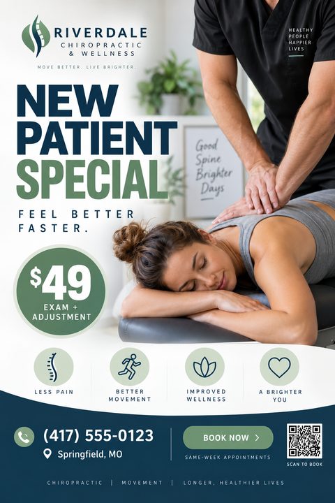 A chiropractic flyer template featuring a photo of a woman receiving a back adjustment. The design uses navy blue and sage green, with a large 'New Patient Special' headline and pricing badge.