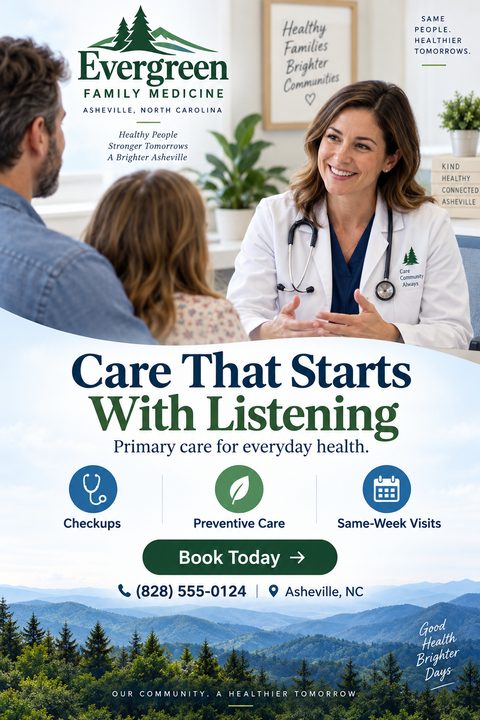 A medical clinic flyer featuring a smiling female doctor consulting with a family. Below a wavy divider, text reads "Care That Starts With Listening" above service icons and a mountain landscape footer.