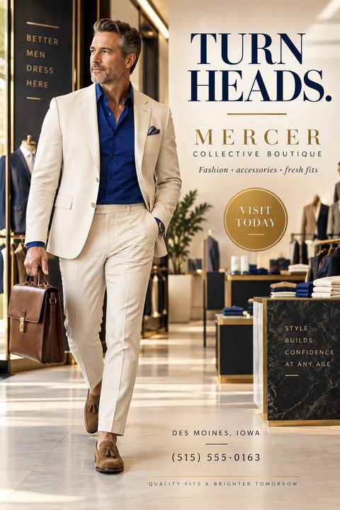 A sophisticated menswear boutique flyer featuring a mature man in a cream suit and blue shirt walking through a luxury store, with elegant navy blue and gold typography.