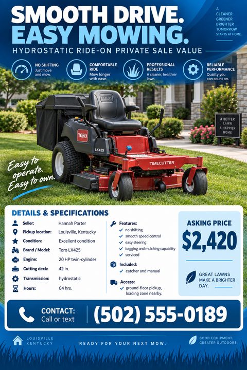 Flyer for a private sale of a Toro ride-on mower. The top half shows a large photo of the red mower on a lawn. The bottom half has a white box with details, specifications, asking price of $2,420, and a blue banner with a phone number.