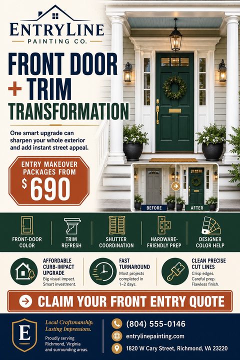 A painting company flyer featuring a large photo of a green front door, a before-and-after inset, service icons, a pricing badge, and contact details on a navy and cream background.