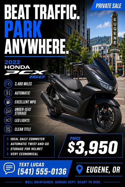 A flyer advertising a scooter for sale. It features a large photo of a black scooter parked on a city street, with bold text highlighting features like mileage, automatic transmission, and price.