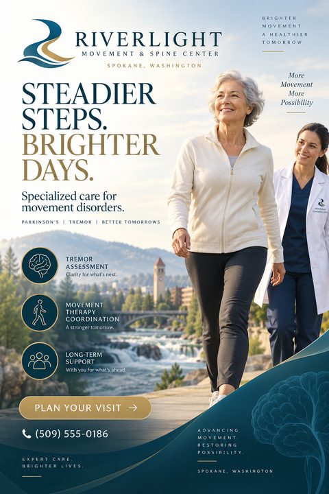 A medical clinic flyer in navy blue and gold. An older woman walks outdoors alongside a female healthcare professional. The layout includes service icons, elegant typography, and a call to action to plan a visit.