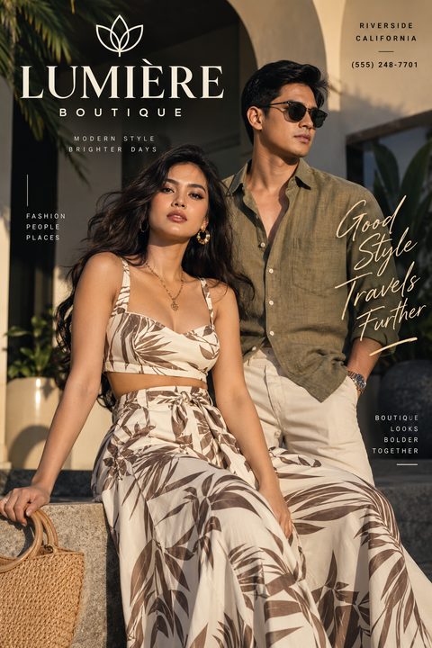 A fashion boutique flyer featuring a stylish couple outdoors. The woman wears a patterned two-piece set, and the man wears an olive shirt. Elegant serif and script text overlays the full-page lifestyle photo.