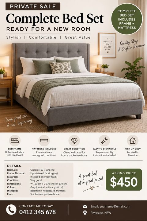 Flyer for a private sale of a complete bed set. Features a large photo of a grey upholstered bed with green accents. Includes sections for features, details, asking price, and contact information.