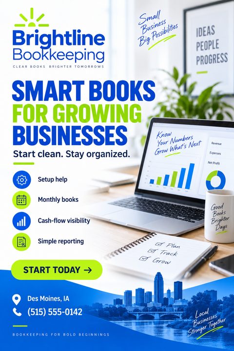 A bookkeeping services flyer featuring a blue and bright green color scheme. It shows a laptop displaying financial charts on a desk, a list of services with icons, and a blue city skyline footer.