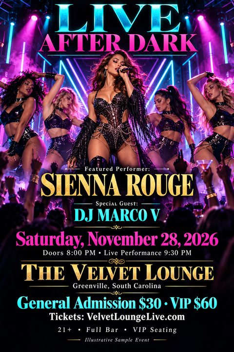 A vibrant club flyer featuring a female singer and backup dancers on a neon-lit stage with pink and blue lights. Event details are in neon and gold typography over a cheering crowd.