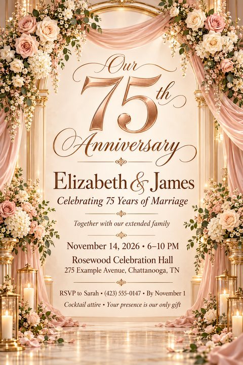 Elegant anniversary party invitation flyer featuring a large rose gold '75th' surrounded by a floral arch with pink roses, white hydrangeas, and draped pink fabric. The text reads 'Our 75th Anniversary, Elizabeth & James, Celebrating 75 Years of.