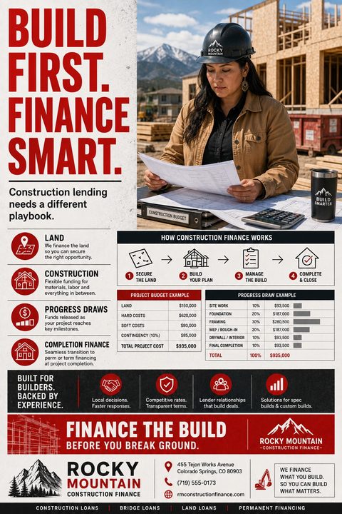 Flyer for construction finance titled 'Build First. Finance Smart.' showing a woman in a hard hat reviewing plans at a construction site. Includes sections on land, construction, progress draws, and completion finance, plus budget and progress draw.