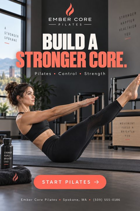 A woman doing a Pilates core exercise on a mat in a studio. Text reads 'Ember Core Pilates. Build a stronger core. Pilates, Control, Strength. Start Pilates.'