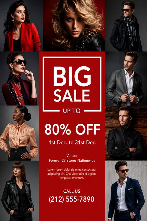 A fashion sale flyer featuring a bold red central column with white text announcing a big sale, flanked by a grid of eight photos showing male and female models in stylish clothing.
