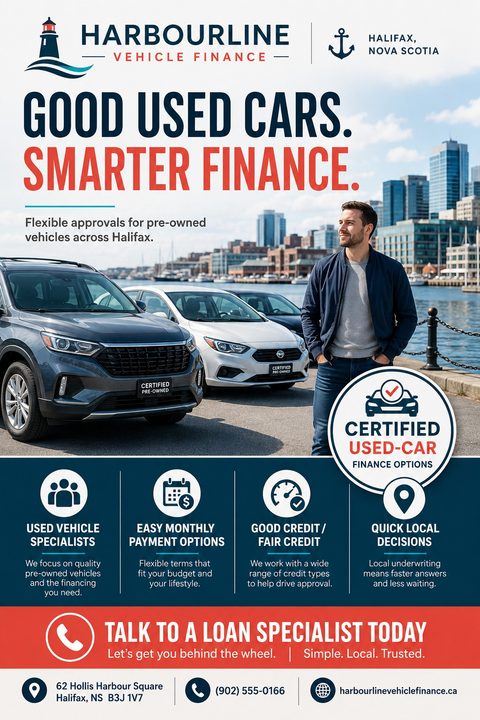 A flyer for auto finance featuring a man standing next to parked cars by a harbor. The text reads 'Good Used Cars. Smarter Finance.' with icons highlighting service benefits.