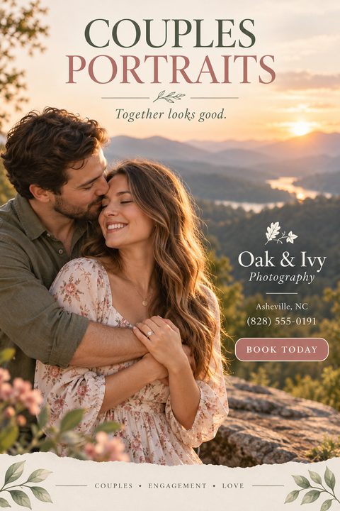 A romantic flyer for couples portraits featuring a large photo of a couple embracing at sunset in the mountains, with earthy green and dusty rose text, botanical accents, and a torn paper edge.