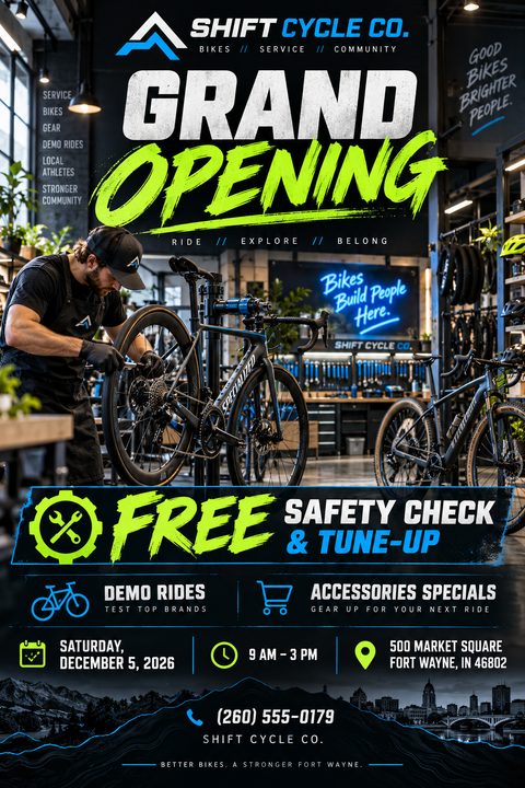 A grand opening flyer for a bike shop featuring a mechanic working on a bicycle in a modern, industrial store. Bold white and neon green distressed text highlights a free safety check offer.