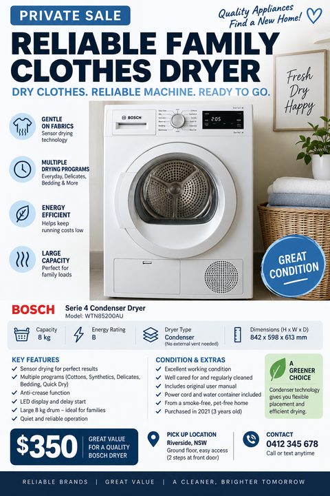 A flyer for a private sale of a clothes dryer. It features a large photo of a white dryer, bullet points for features and condition, specifications, price, and contact details.