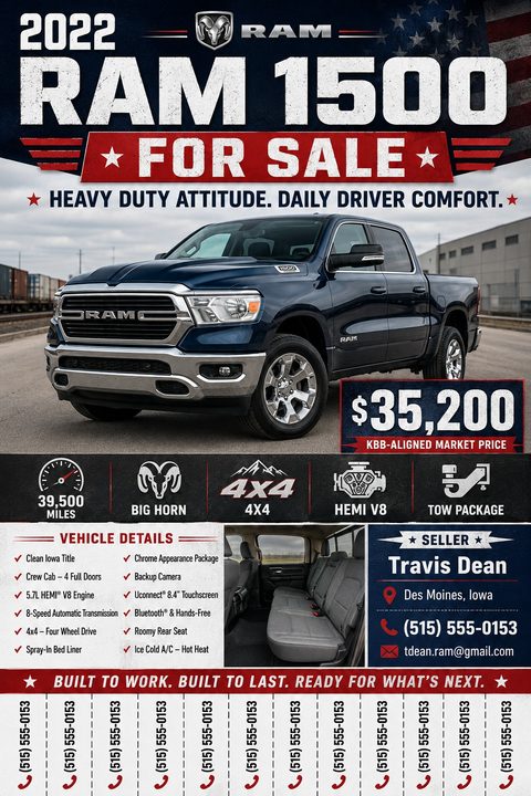 A patriotic vehicle for sale flyer with an American flag background, a large blue pickup truck, price tag, specification icons, bulleted details, interior photo, and tear-off phone number tabs at the bottom.
