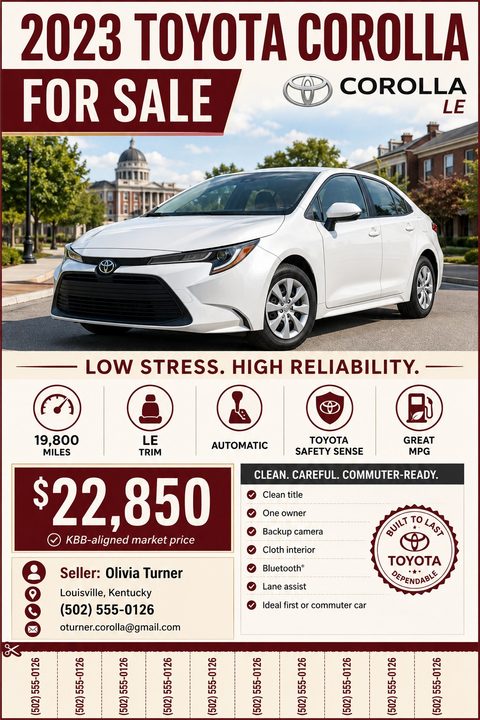 Car for sale flyer template with a large photo of a white sedan. Below are icons for mileage, trim, transmission, safety, and mpg. Includes price, seller contact info, a feature checklist, and tear-off phone number tabs at the bottom.