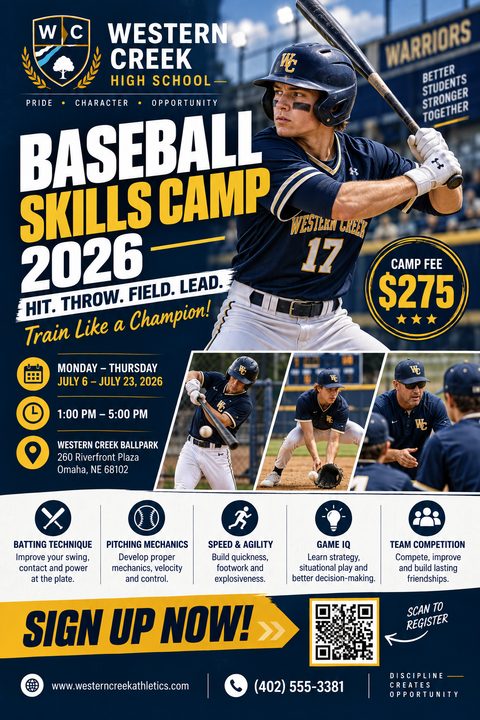 A navy and gold baseball camp flyer featuring a large photo of a batter, three smaller action shots, camp details, skills covered with icons, and a QR code for registration.