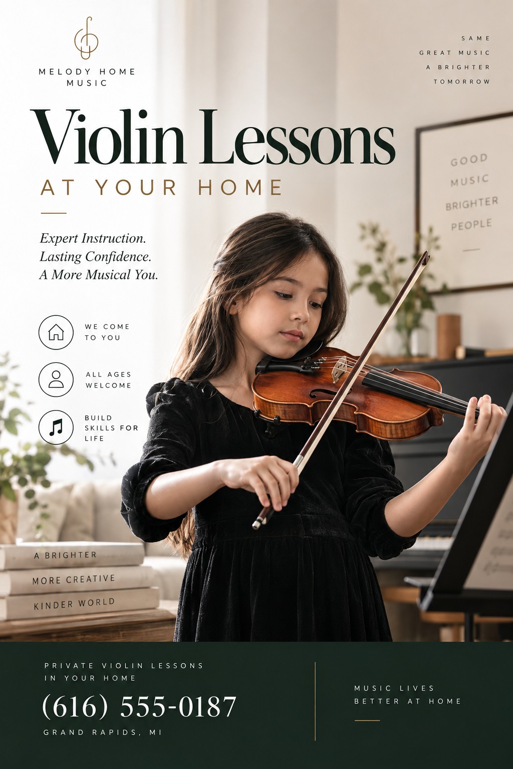 Flyer for in-home violin lessons featuring a young girl playing the violin. Text includes 'Violin Lessons At Your Home' and contact information.