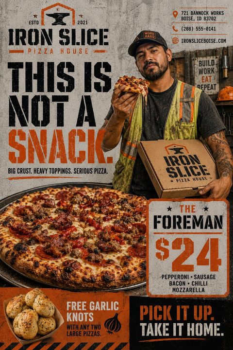 A rugged pizza promotional flyer featuring a construction worker holding a slice and a pizza box. A large meat pizza is displayed prominently alongside bold, distressed typography on a concrete-textured background.