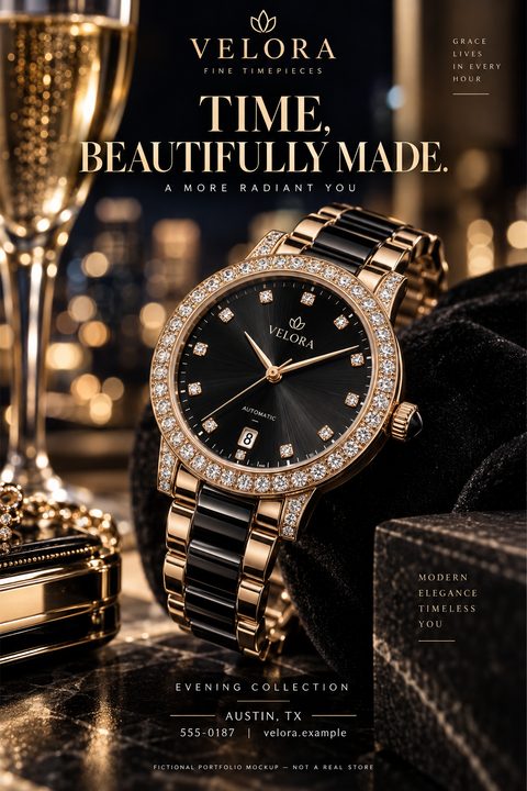 A luxurious flyer featuring a close-up of a gold and black diamond-encrusted watch resting on black velvet. A champagne flute and blurred city lights create an elegant, high-end evening atmosphere.