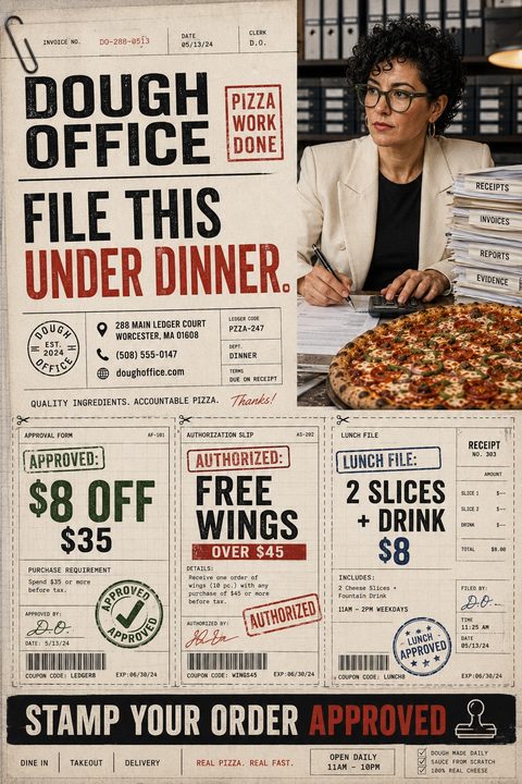 A pizza promotional flyer designed to look like a vintage office invoice. It features a photo of a woman at a desk with a pizza, typewriter fonts, stamp graphics, and three tear-off coupons.