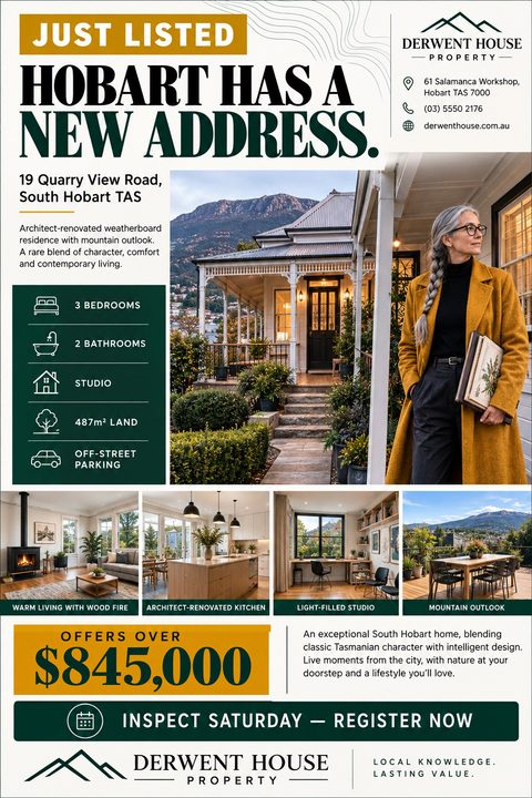 A real estate just-listed flyer with a dark green and mustard color scheme. It features a large main photo of a house exterior and agent, four smaller interior photos, property details, and price.