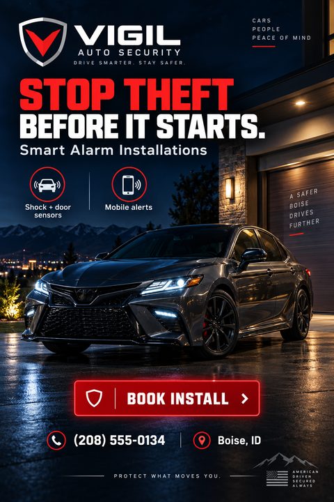 A sleek, dark car parked in a driveway at night. Bold red and white text promotes smart alarm installations. Icons highlight shock sensors and mobile alerts, with a red 'Book Install' button.