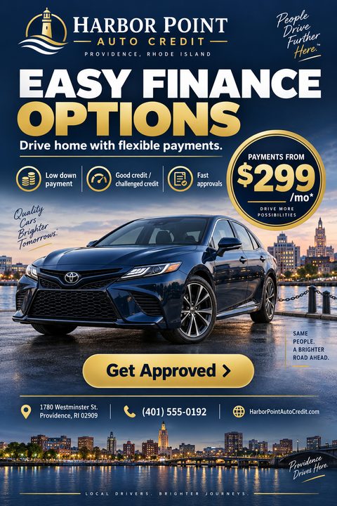 Flyer for auto credit featuring a dark blue sedan parked by a waterfront city skyline at dusk. Text reads 'Easy Finance Options' with a gold badge showing 'Payments from $299/mo'.