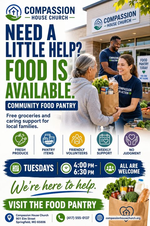 Flyer for a community food pantry titled 'Need a little help? Food is available.' showing volunteers handing a bag of groceries to an older woman outside a building. Includes icons for fresh produce, pantry items, friendly volunteers, weekly support.