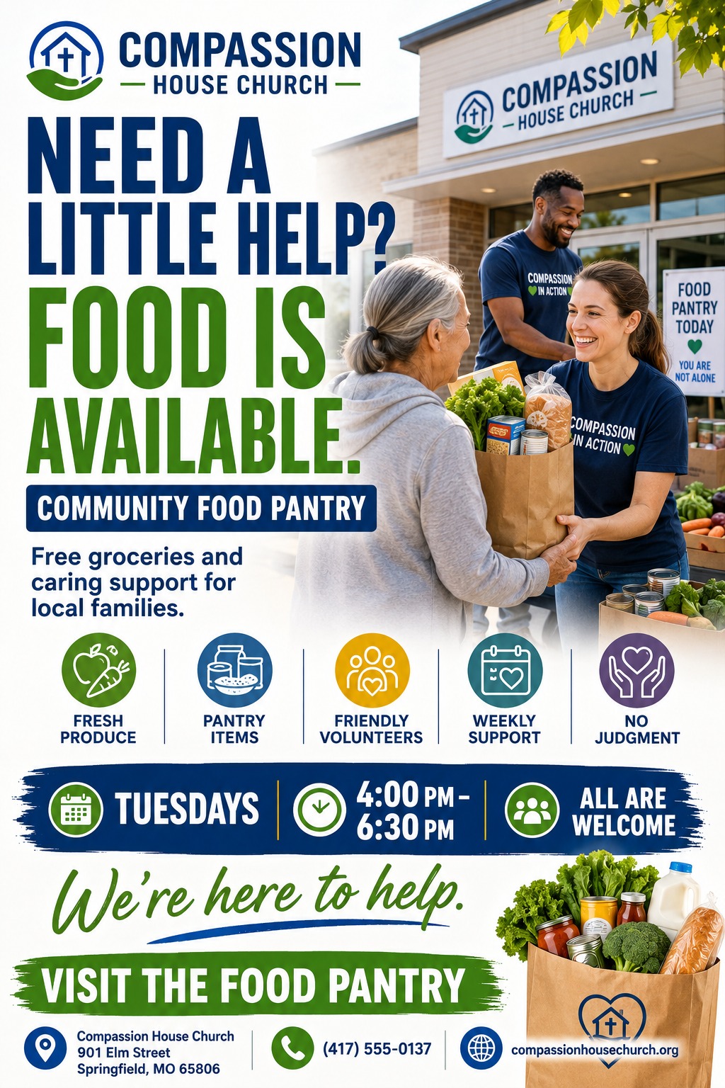Flyer for a community food pantry titled 'Need a little help? Food is available.' showing volunteers handing a bag of groceries to an older woman outside a building. Includes icons for fresh produce, pantry items, friendly volunteers, weekly support.