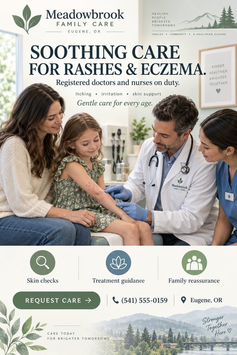 A medical clinic flyer featuring a doctor examining a young girl's arm for a rash, accompanied by her mother and a nurse. The design uses calming green tones, service icons, and clear contact information.