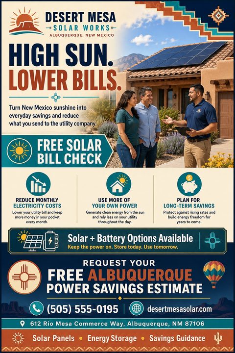Flyer for a solar company with a Southwestern design, featuring a photo of a solar installer talking to a couple in front of a house with solar panels.