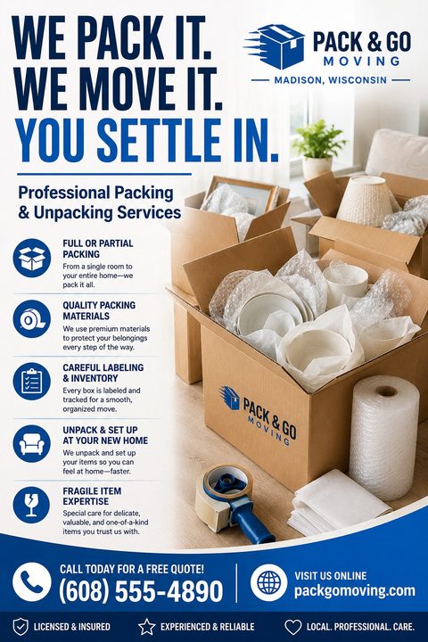 A professional moving company flyer featuring a bold blue headline, a left column with service icons, and a large photo of open cardboard boxes filled with bubble-wrapped dishes and packing tape.