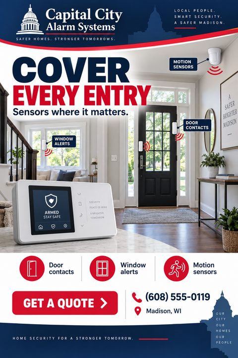 A home security flyer with a red, white, and blue theme. It features a home interior photo with callouts for motion sensors, window alerts, and door contacts, plus a smart control panel.