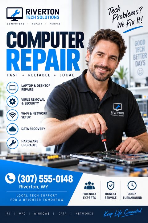 Computer repair flyer template with a photo of a smiling technician working on a laptop motherboard. Text reads 'Computer Repair' and lists services like laptop repairs, virus removal, and data recovery.