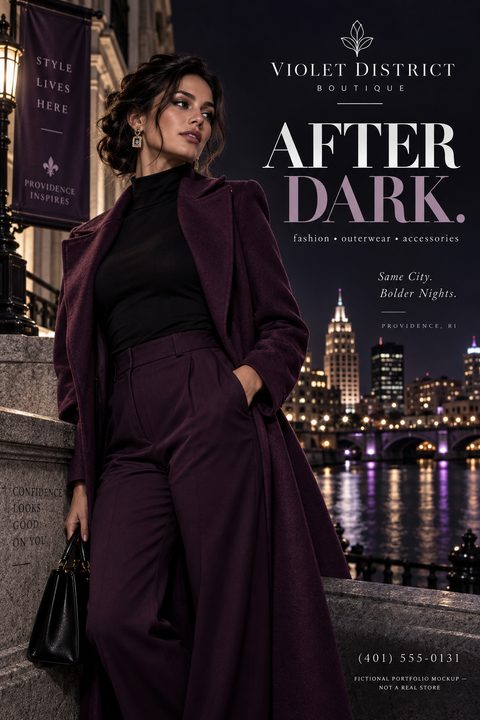 A fashion flyer featuring a woman in a dark purple coat and trousers standing by a river at night with a city skyline in the background. The text reads 'Violet District Boutique, After Dark.'