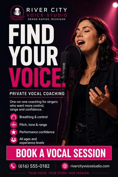 A vocal coaching flyer with a dark background and bold white and pink text reading "Find Your Voice." It features a woman singing into a studio microphone and a list of benefits.