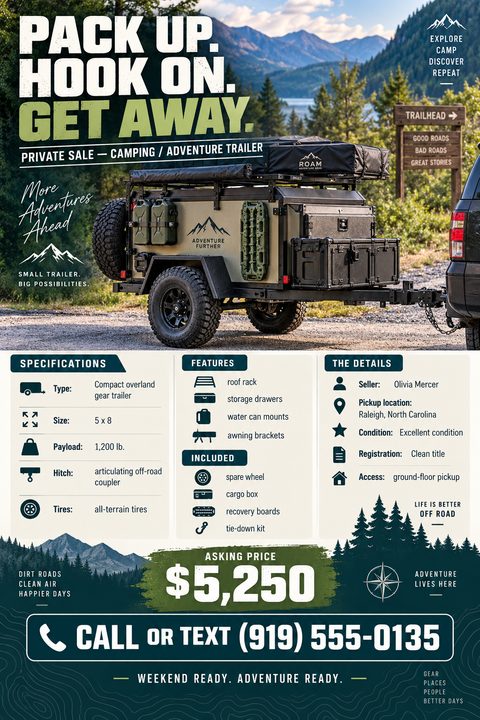 A rugged outdoor-themed flyer for a private trailer sale. It features a large photo of an off-road camping trailer by a lake, with organized sections for specifications, features, details, and asking price.