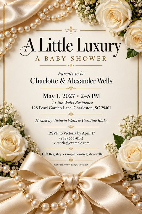 An elegant baby shower invitation flyer featuring a cream background framed by white roses, baby's breath, strings of pearls, and a large satin bow. The text is in black and gold serif fonts.