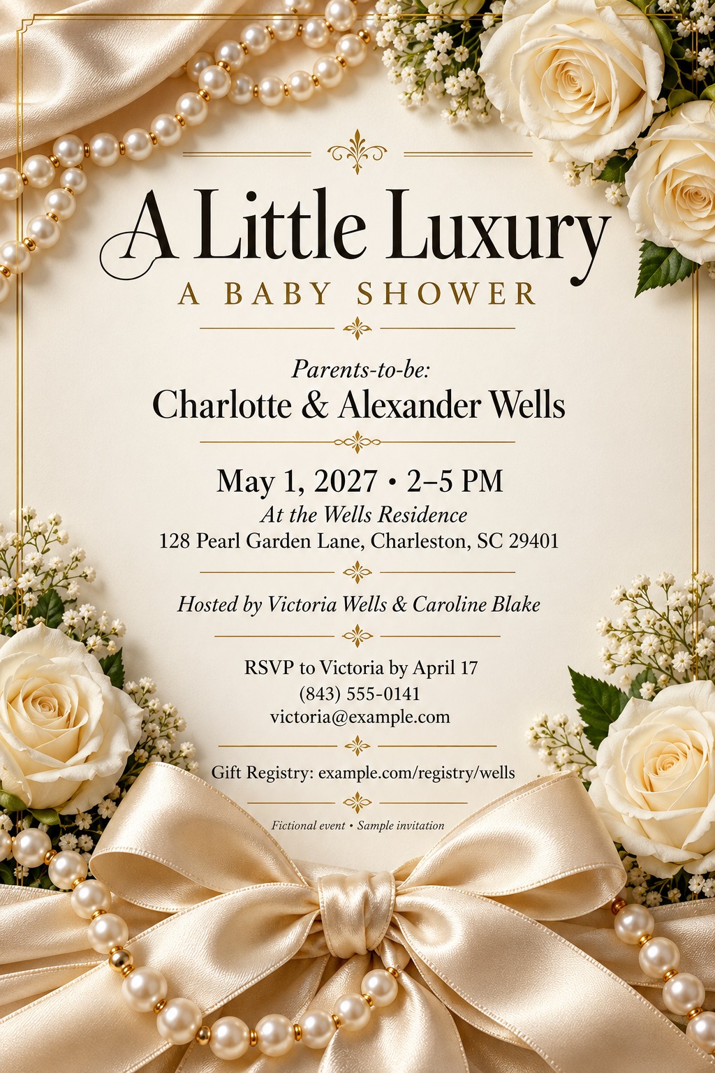 An elegant baby shower invitation flyer featuring a cream background framed by white roses, baby's breath, strings of pearls, and a large satin bow. The text is in black and gold serif fonts.