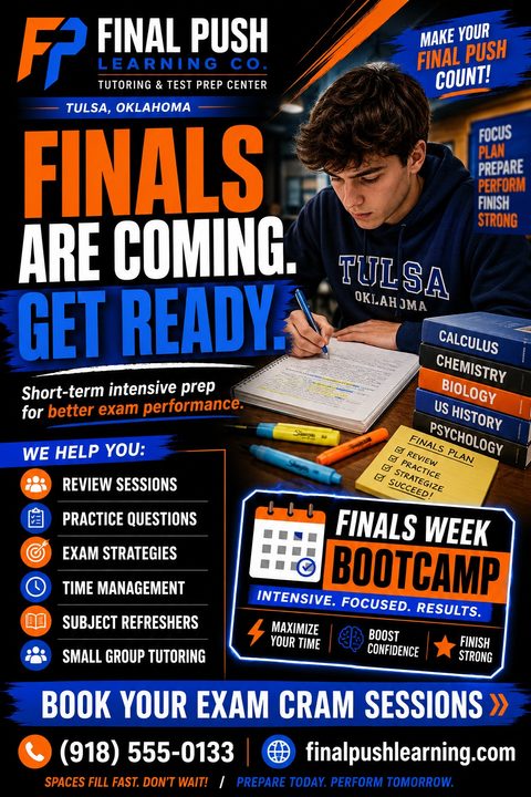 A bold flyer for a tutoring center featuring a student studying at a desk with textbooks. The design uses high-contrast orange, blue, and black colors with lists of services and a calendar icon.